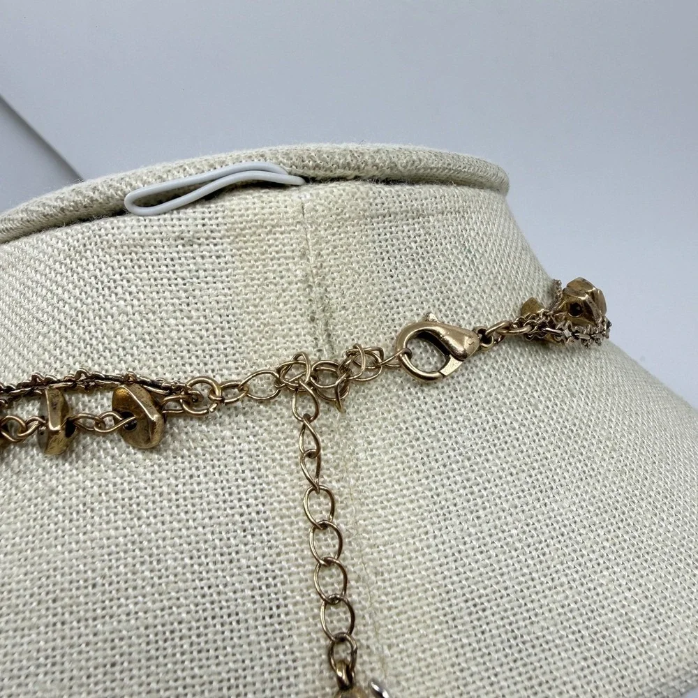 Gold Tone Brown Marquise Pendant Multi Strand Necklace Boho Statement Jewelry